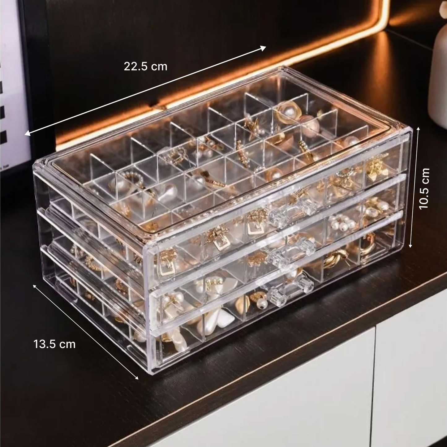 Cutie bijuterii acrilică, 3 sertare,