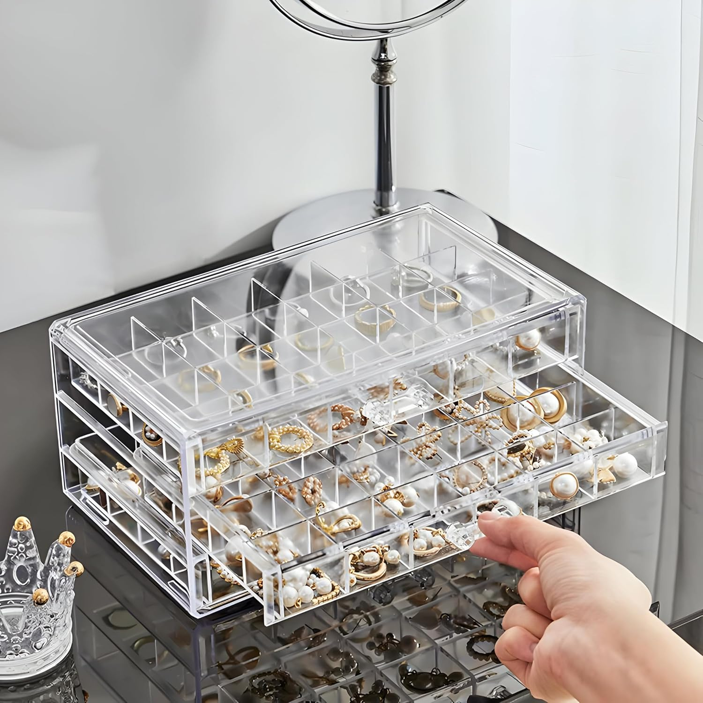 Cutie bijuterii acrilică, 3 sertare,